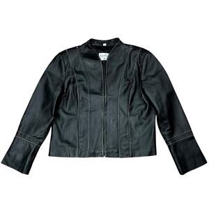 Pamela McCoy Black Leather Jacket Contrast White Stitch Hook & Eye Cropped - L